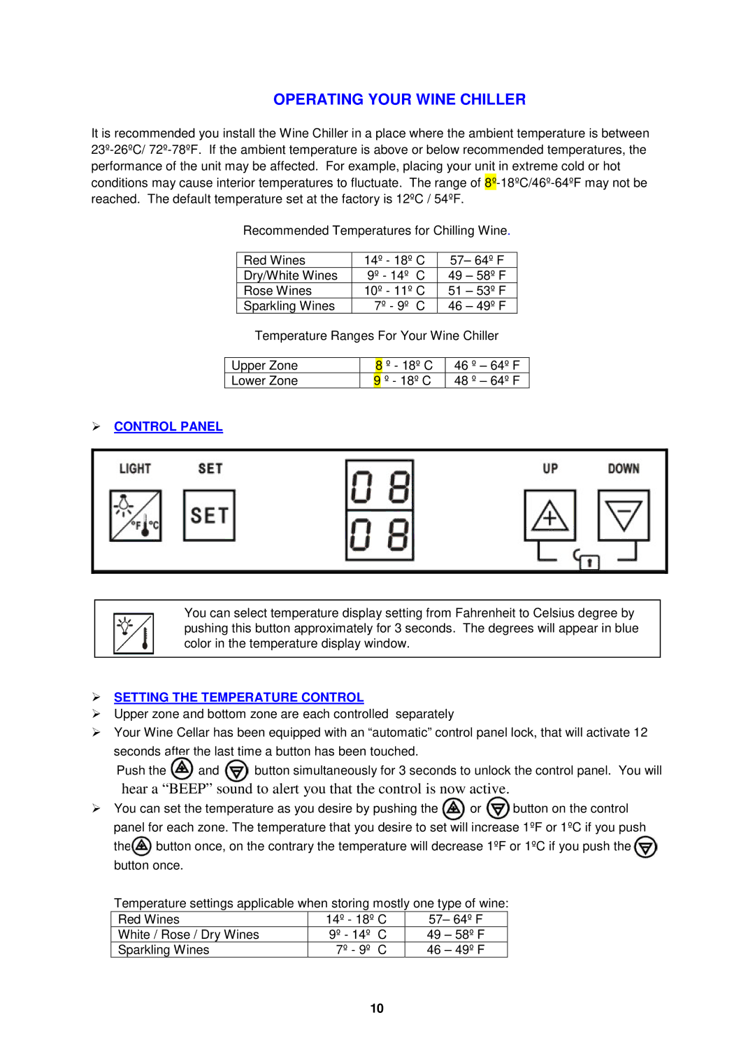 Avanti EWC2410DZ instruction manual Operating Your Wine Chiller 