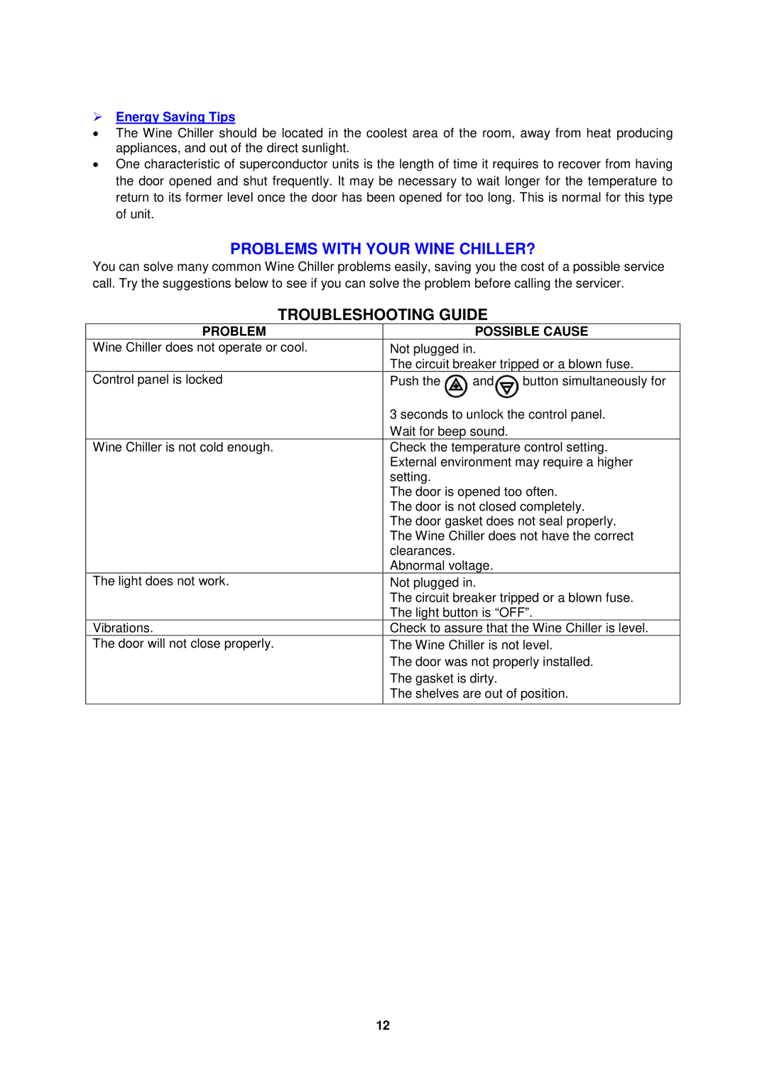 Avanti EWC2410DZ instruction manual Troubleshooting Guide, Problem Possible Cause 