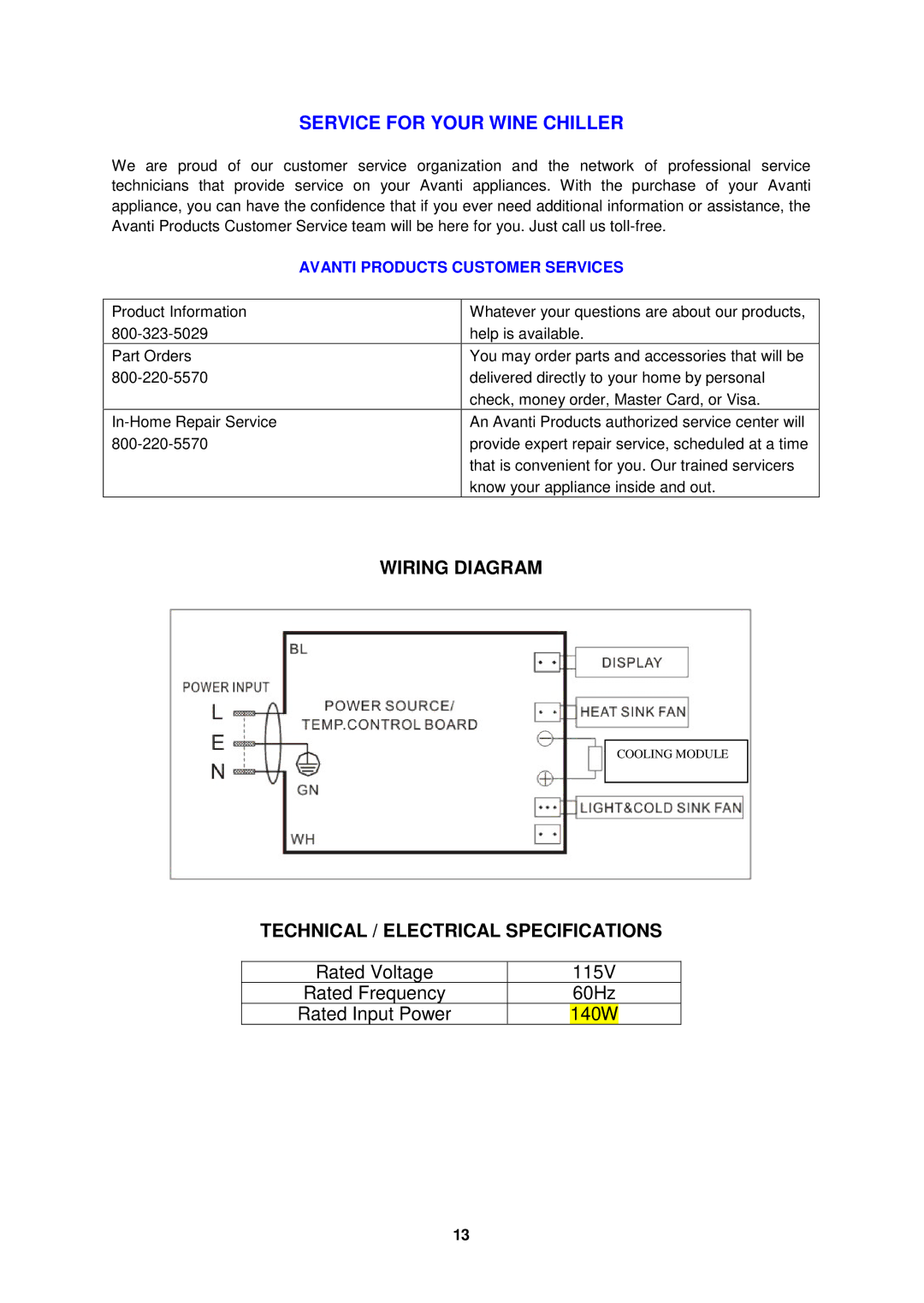 Avanti EWC2410DZ instruction manual Wiring Diagram, Technical / Electrical Specifications 