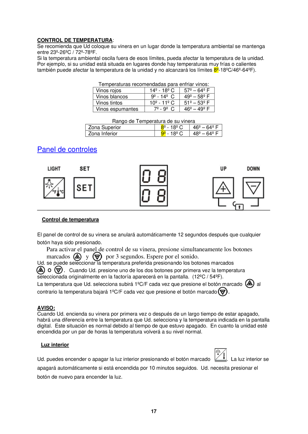 Avanti EWC2410DZ instruction manual Control DE Temperatura, Control de temperatura, Aviso, Luz interior 