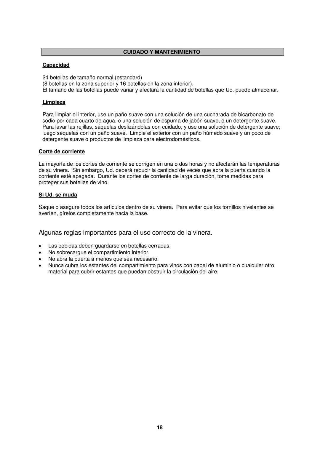 Avanti EWC2410DZ instruction manual Cuidado Y Mantenimiento, Capacidad, Limpieza, Corte de corriente, Si Ud. se muda 