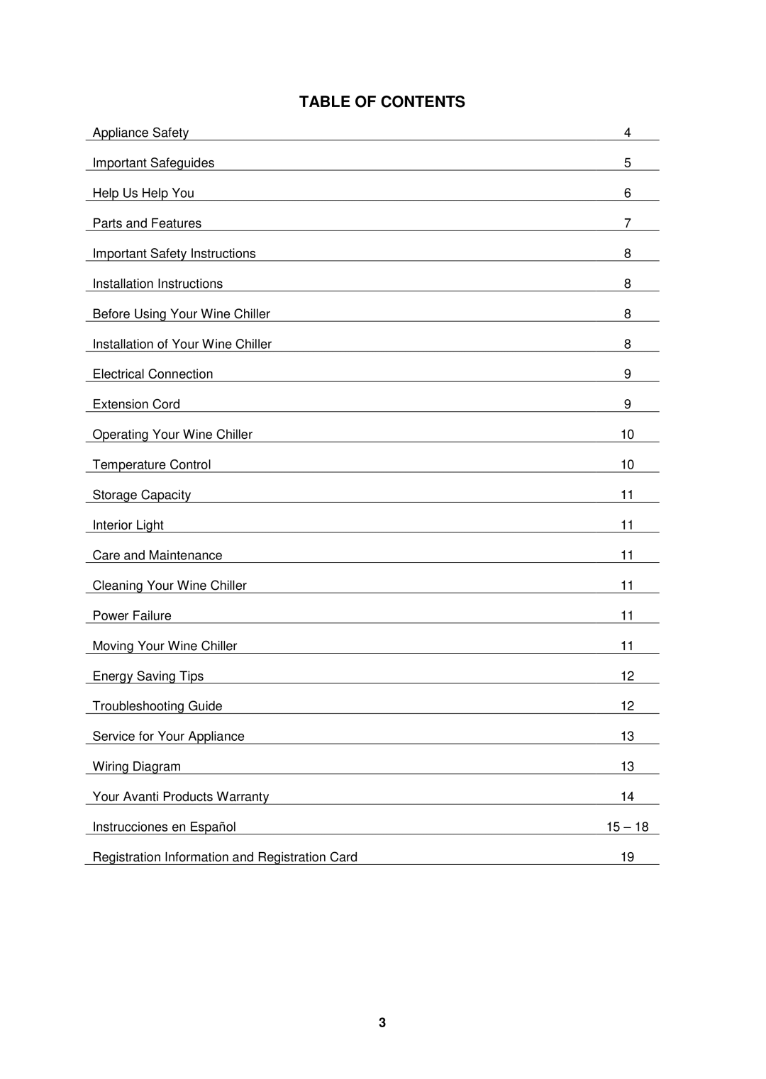 Avanti EWC2410DZ instruction manual Table of Contents 