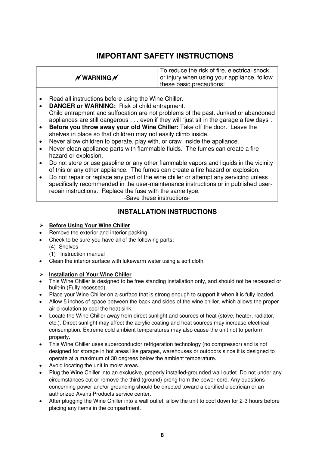 Avanti EWC2410DZ Installation Instructions,  Before Using Your Wine Chiller,  Installation of Your Wine Chiller 