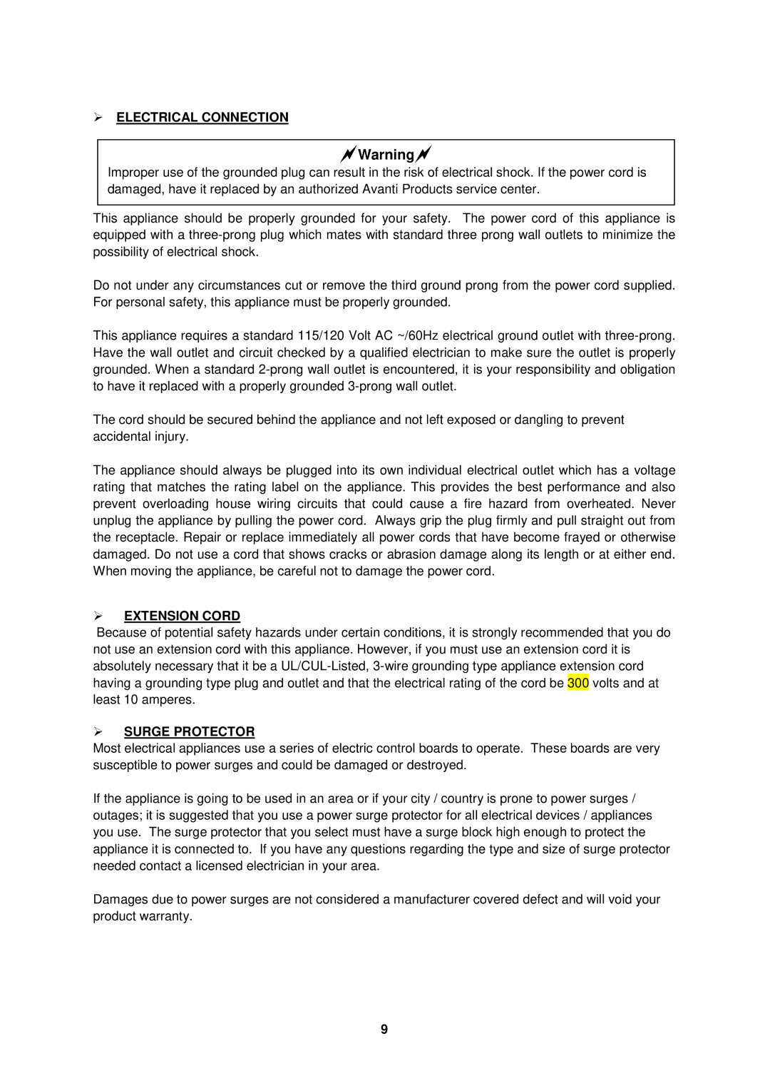 Avanti EWC2410DZ instruction manual  Electrical Connection,  Extension Cord,  Surge Protector 