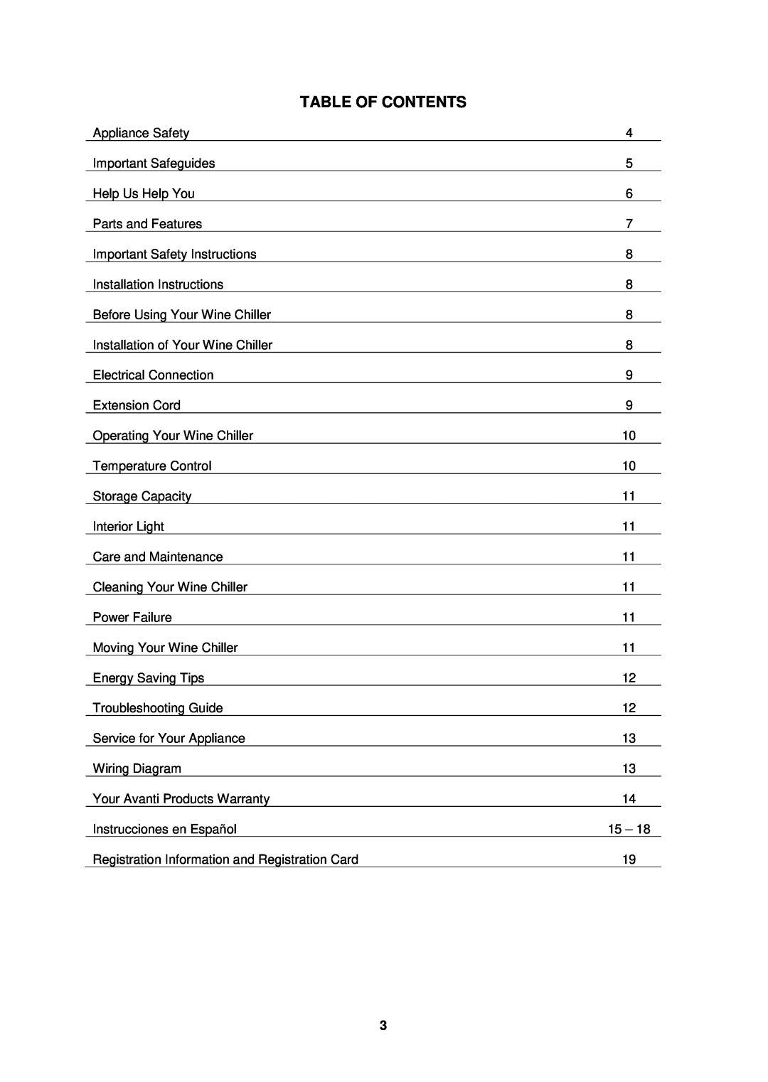 Avanti EWC2410DZ instruction manual Table Of Contents 
