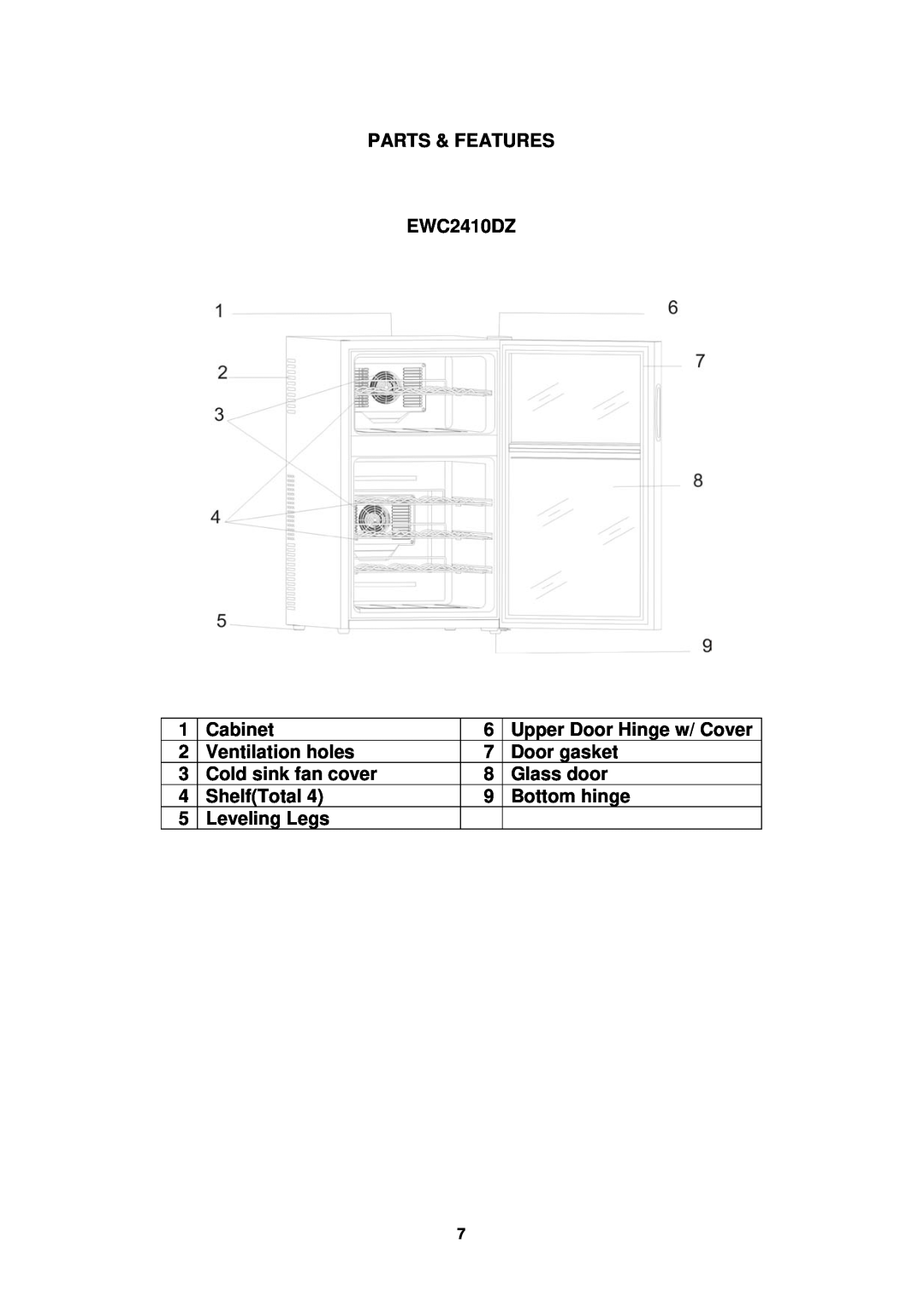 Avanti PARTS & FEATURES EWC2410DZ, Cabinet, Upper Door Hinge w/ Cover, Ventilation holes, Door gasket, Glass door 