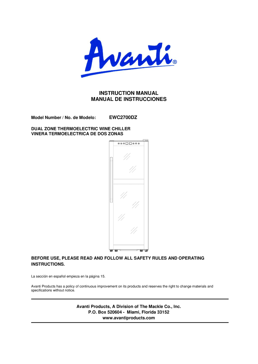 Avanti EWC2700DZ instruction manual Manual DE Instrucciones, Model Number / No. de Modelo 