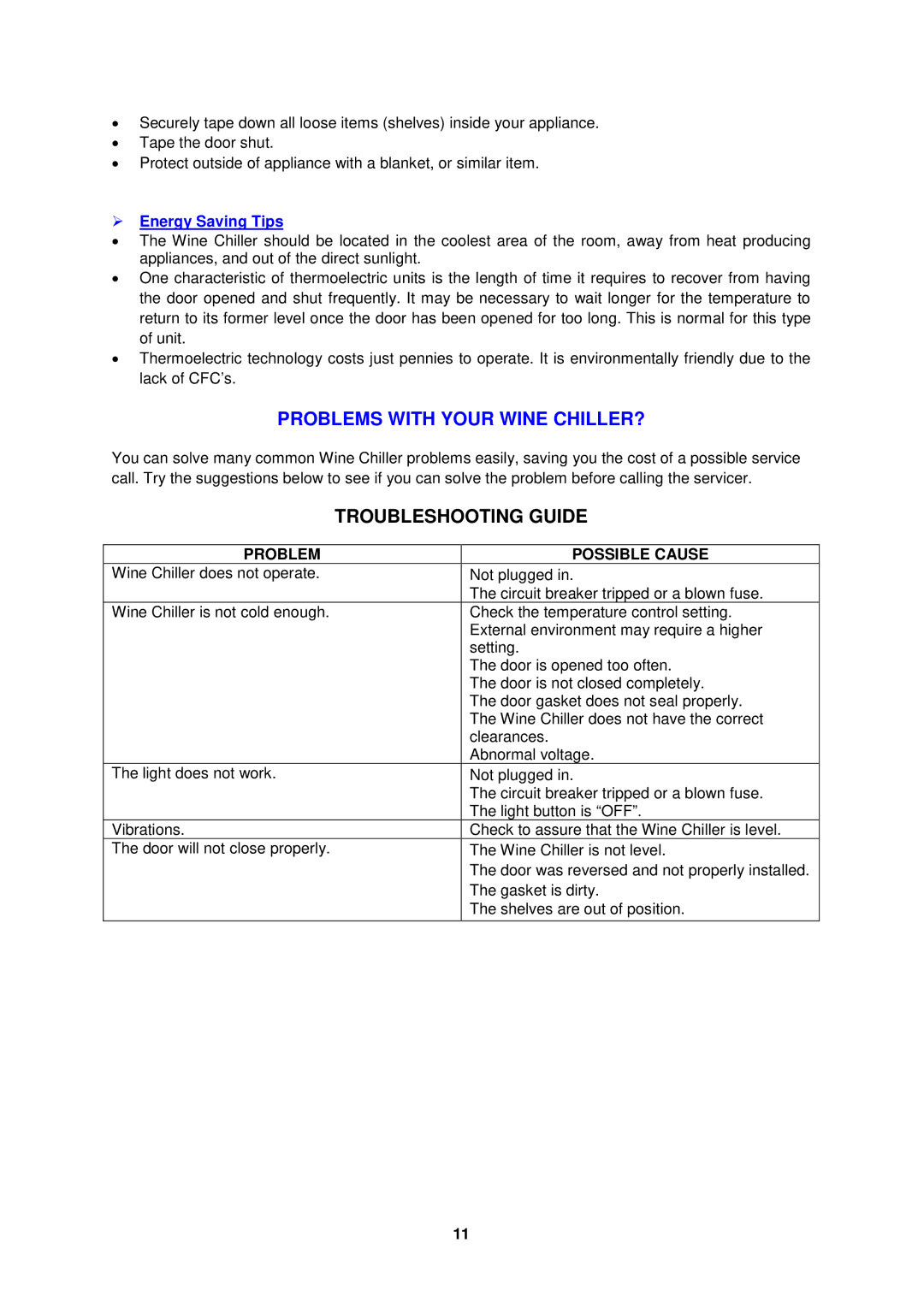 Avanti EWC2700DZ instruction manual Troubleshooting Guide, Problem Possible Cause 