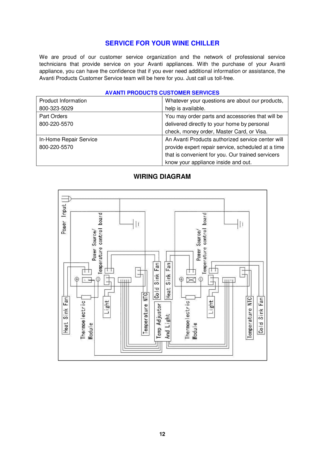 Avanti EWC2700DZ instruction manual Service for Your Wine Chiller, Wiring Diagram 