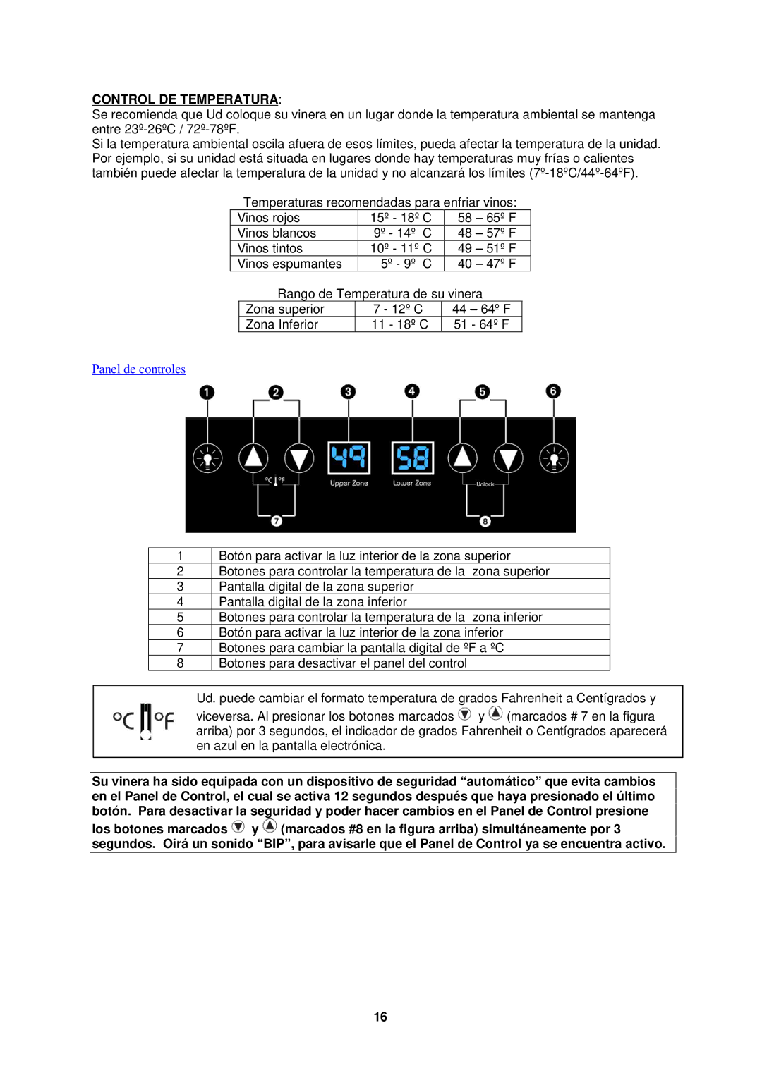 Avanti EWC2700DZ instruction manual Control DE Temperatura 