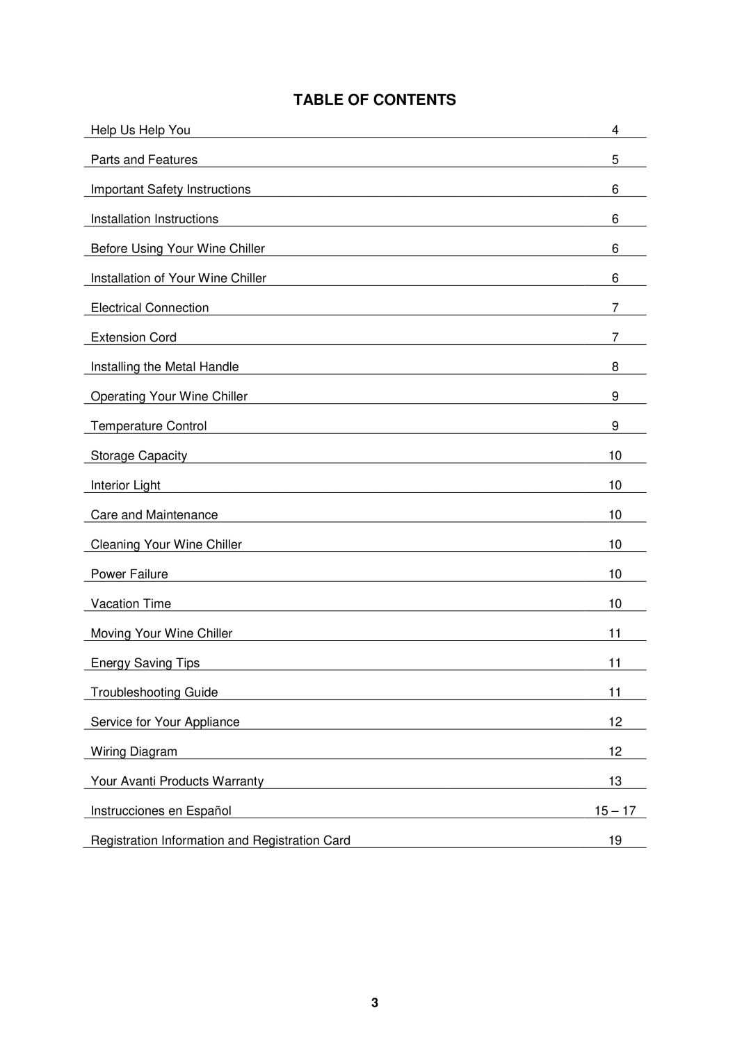 Avanti EWC2700DZ instruction manual Table of Contents 