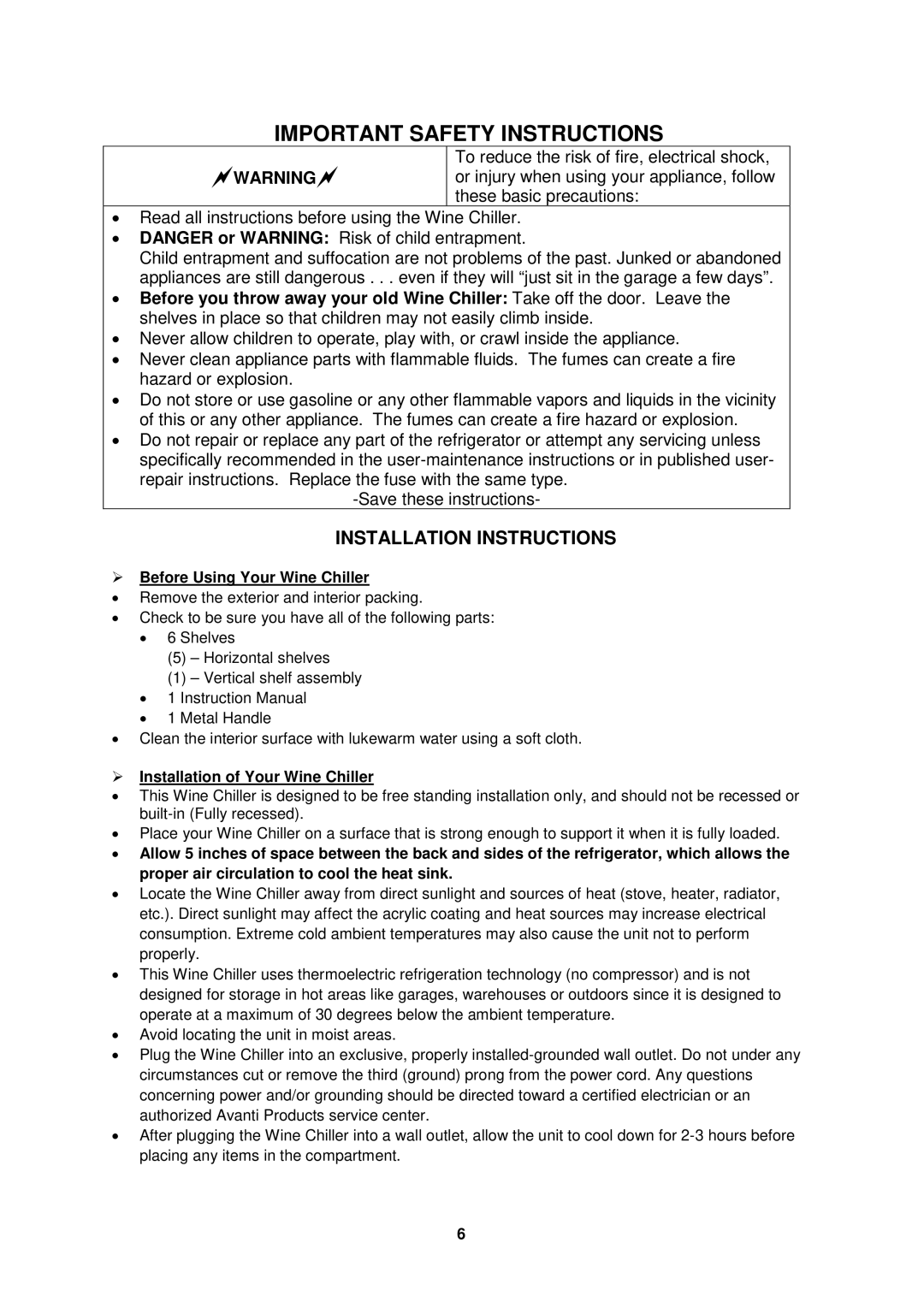 Avanti EWC2700DZ Installation Instructions,  Before Using Your Wine Chiller,  Installation of Your Wine Chiller 