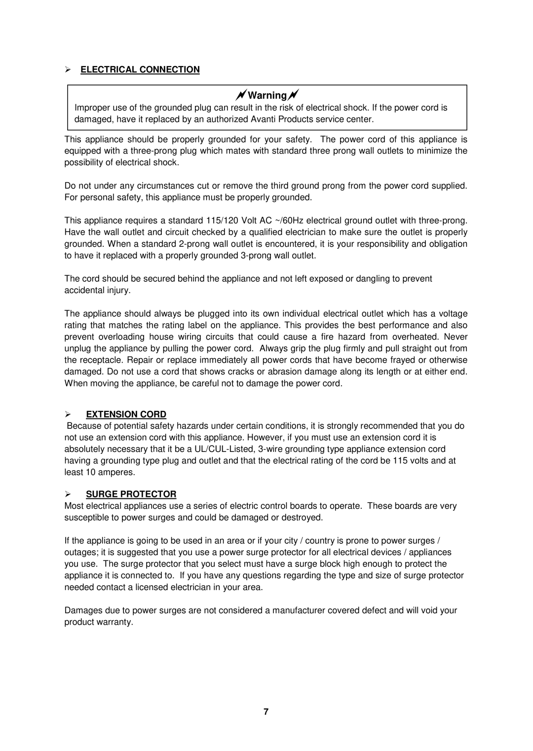 Avanti EWC2700DZ instruction manual  Electrical Connection,  Extension Cord,  Surge Protector 