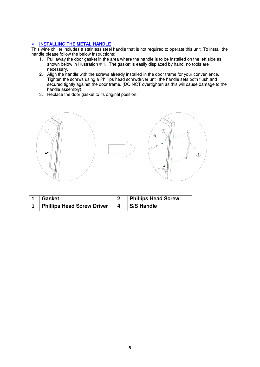 Avanti EWC2700DZ instruction manual Gasket Phillips Head Screw Phillips Head Screw Driver Handle 