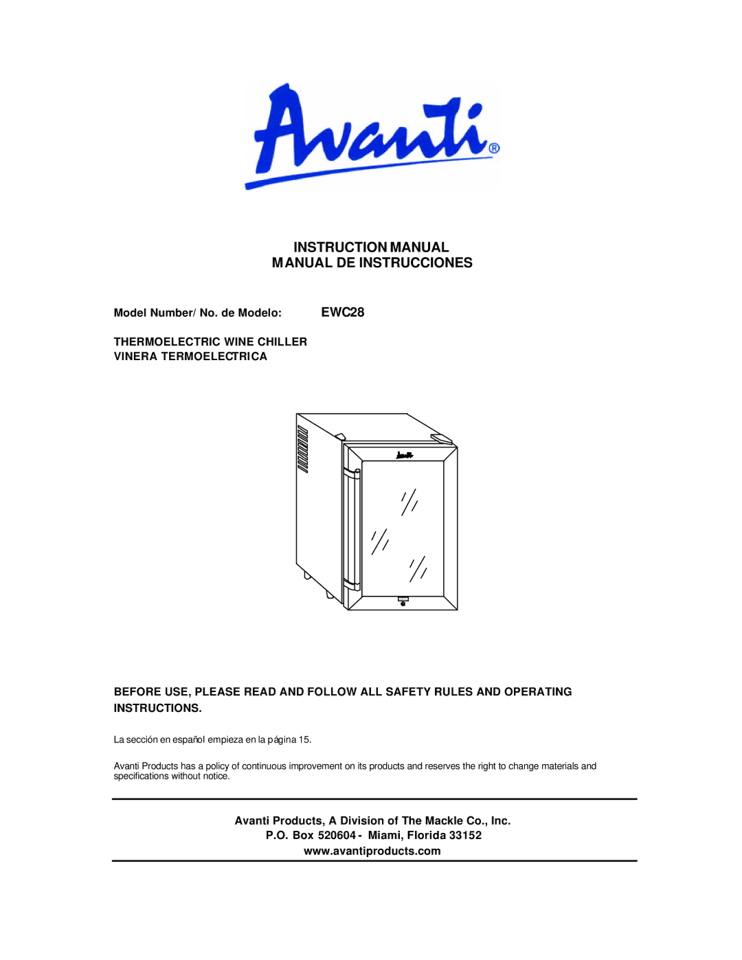 Avanti EWC28 instruction manual Manual DE Instrucciones, Model Number/ No. de Modelo 