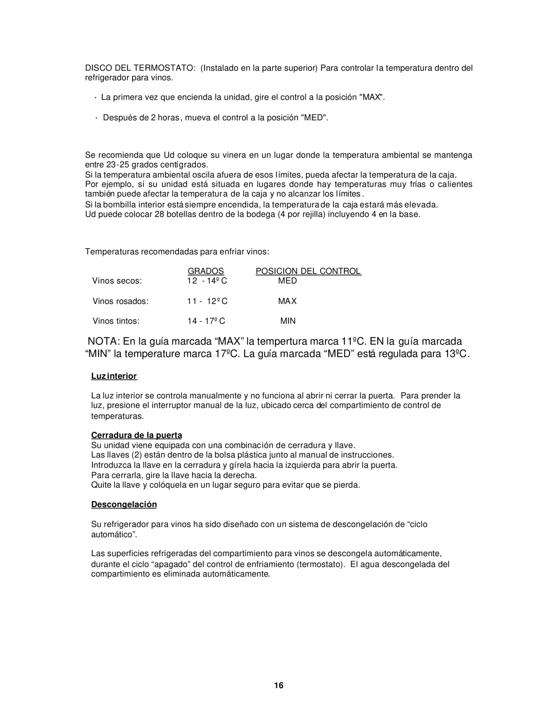 Avanti EWC28 instruction manual Luz interior, Cerradura de la puerta, Descongelación 