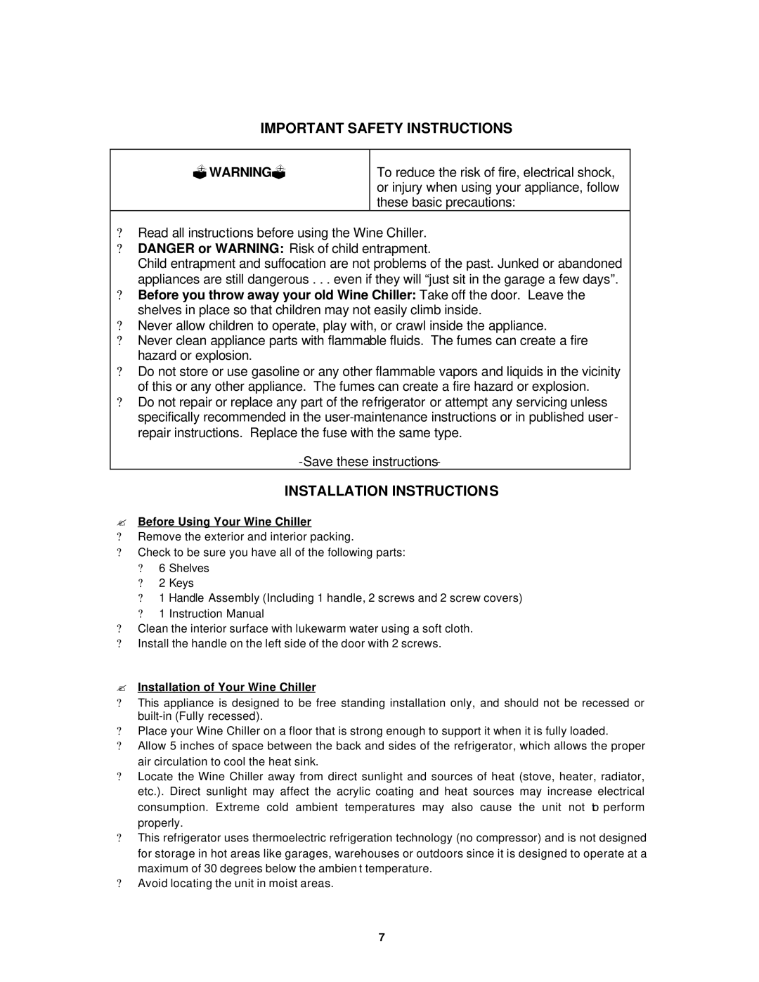 Avanti EWC28 instruction manual Important Safety Instructions, Installation Instructions, ? Before Using Your Wine Chiller 