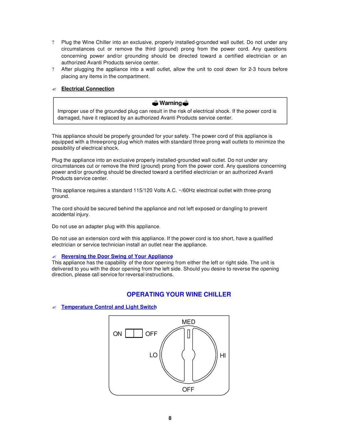 Avanti EWC28 instruction manual ?Warning?, ? Electrical Connection 