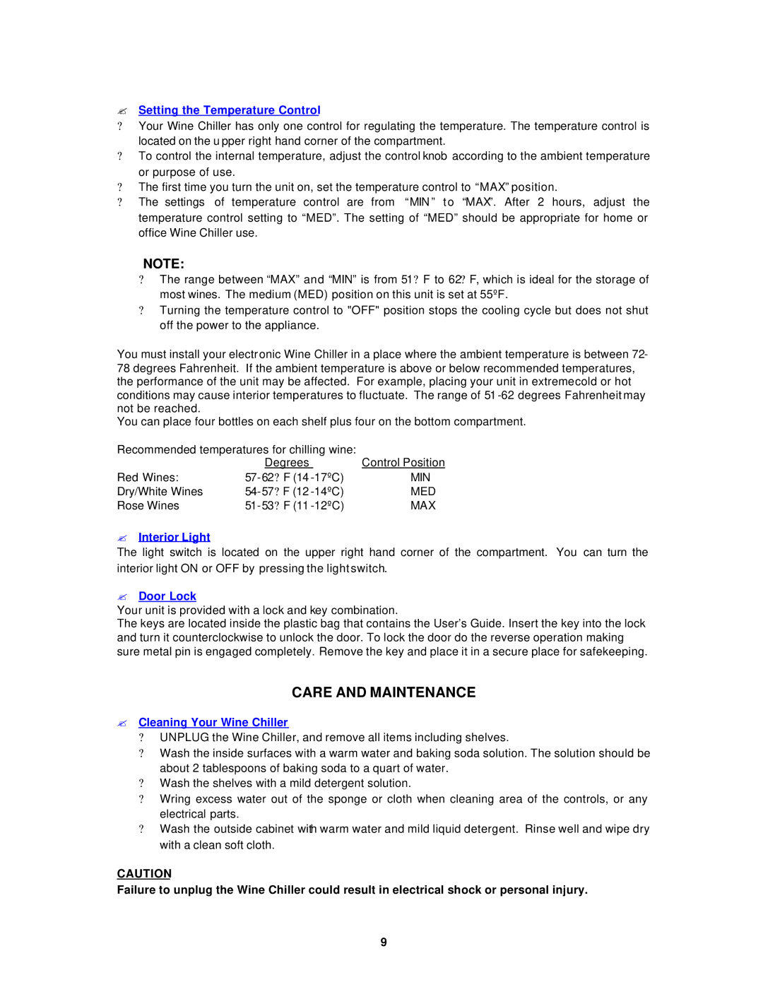 Avanti EWC28 instruction manual Care and Maintenance, ? Setting the Temperature Control 