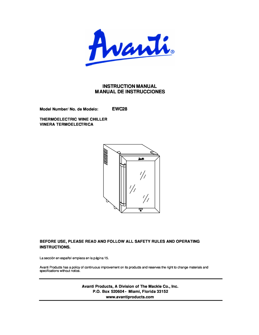 Avanti EWC28 instruction manual Instruction Manual Manual De Instrucciones 