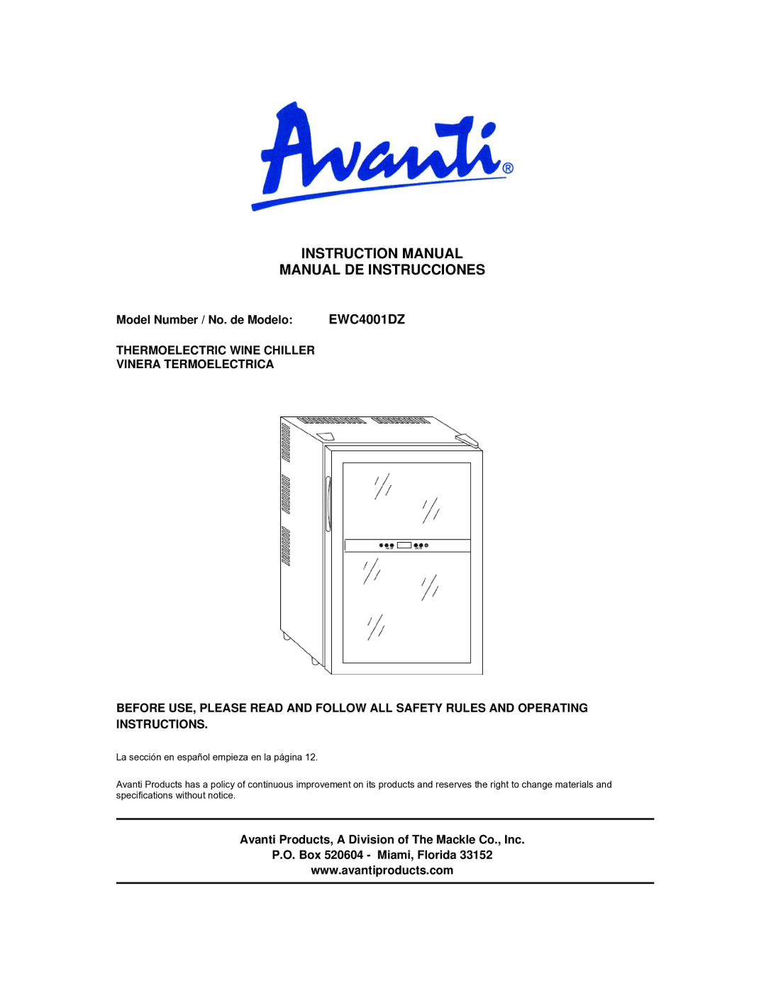 Avanti EWC4001DZ manual Manual DE Instrucciones, Model Number / No. de Modelo 