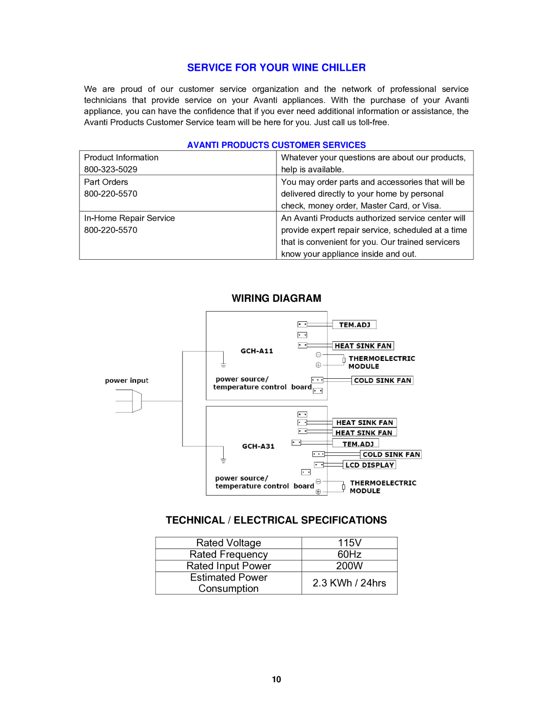 Avanti EWC4001DZ manual Service for Your Wine Chiller, Wiring Diagram Technical / Electrical Specifications 