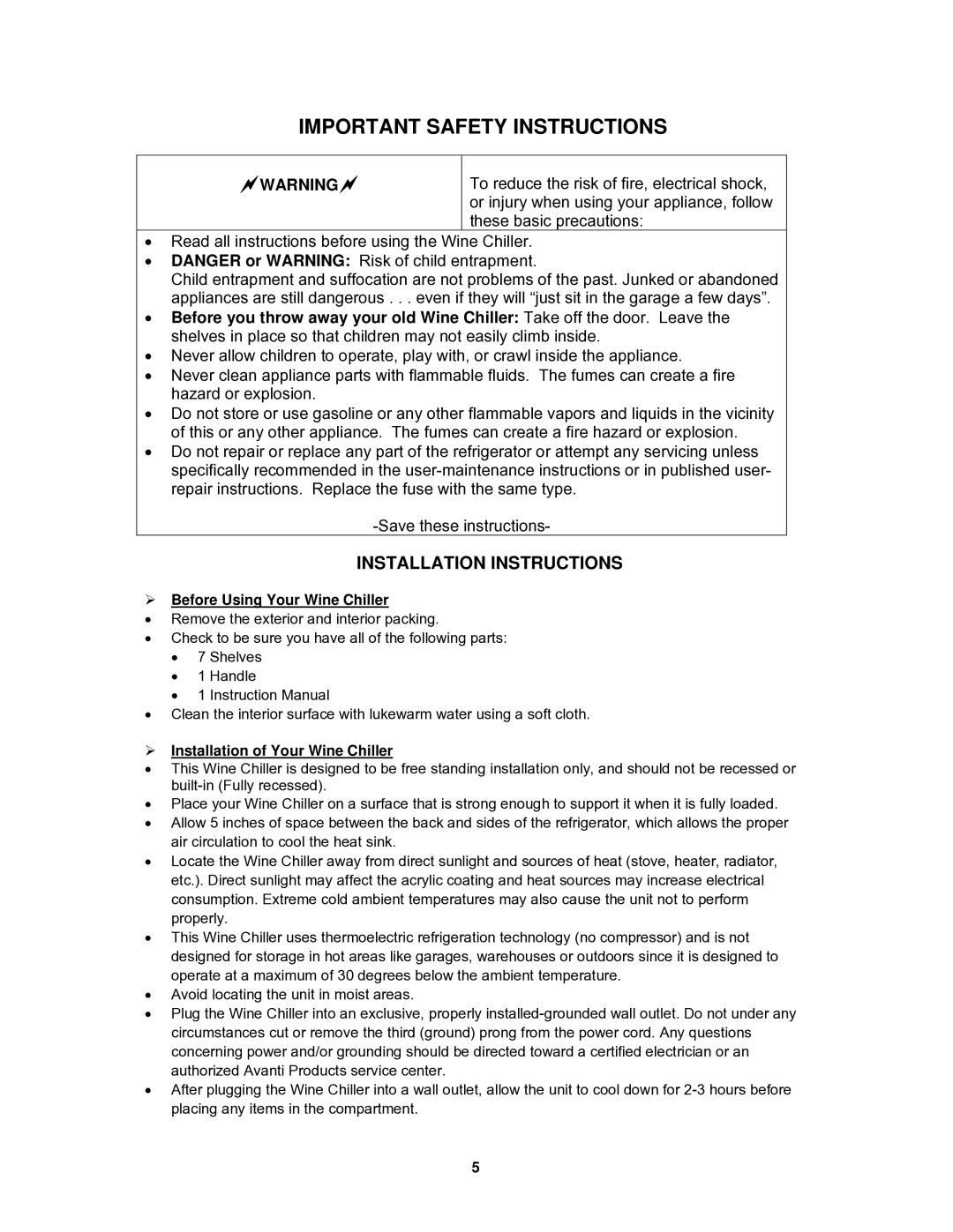 Avanti EWC4001DZ manual Installation Instructions,  Before Using Your Wine Chiller,  Installation of Your Wine Chiller 