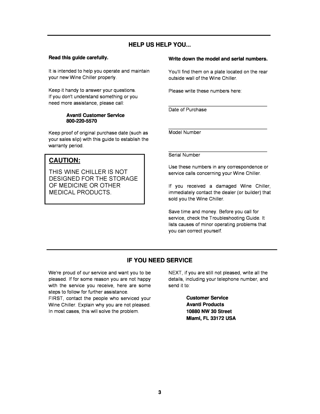 Avanti EWC4001DZ manual Help Us Help You, If You Need Service, Read this guide carefully, Avanti Customer Service 