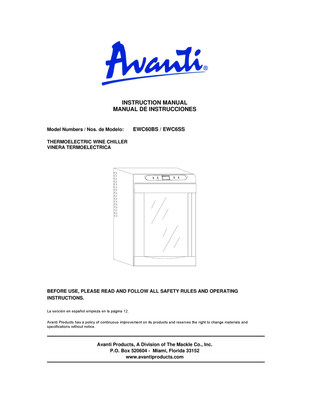 Avanti instruction manual Manual DE Instrucciones, Model Numbers / Nos. de Modelo EWC60BS / EWC6SS 