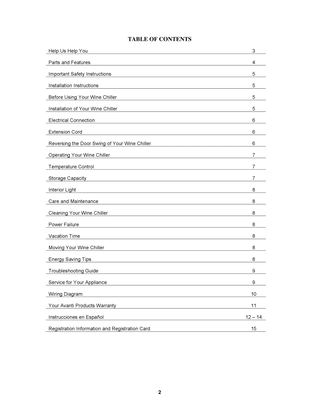 Avanti EWC60BS, EWC6SS instruction manual Table of Contents 