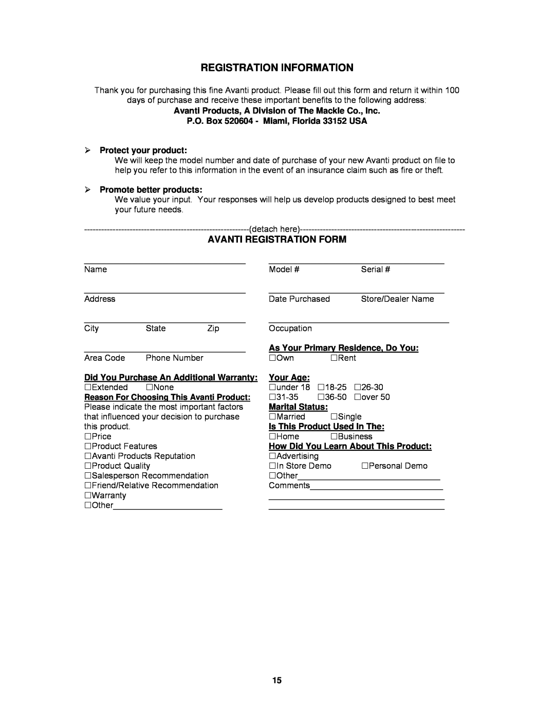 Avanti EWC6SS Registration Information, Avanti Registration Form, P.O. Box 520604 - Miami, Florida 33152 USA, Your Age 