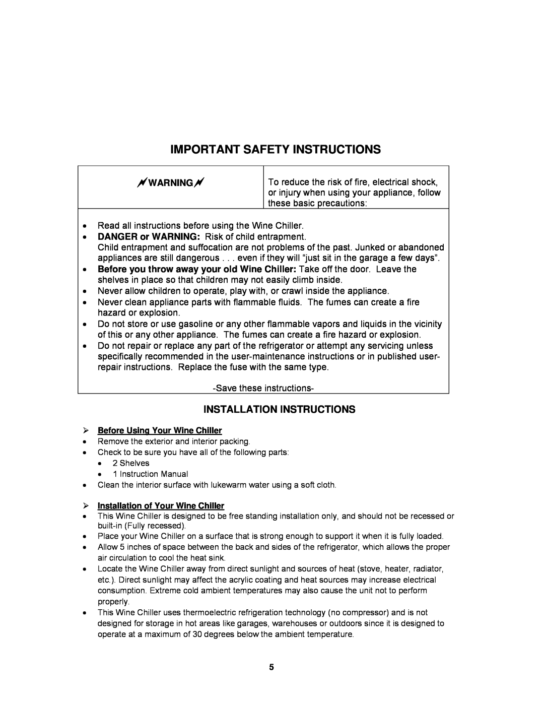 Avanti EWC6SS, EWC60BS instruction manual Installation Instructions, Important Safety Instructions 