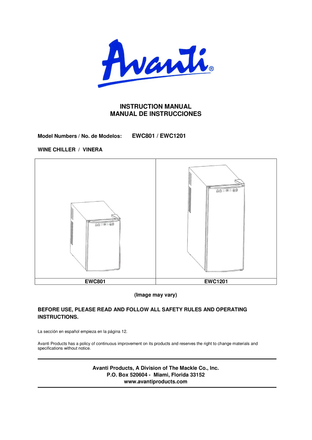 Avanti instruction manual Manual DE Instrucciones, Model Numbers / No. de Modelos EWC801 / EWC1201 