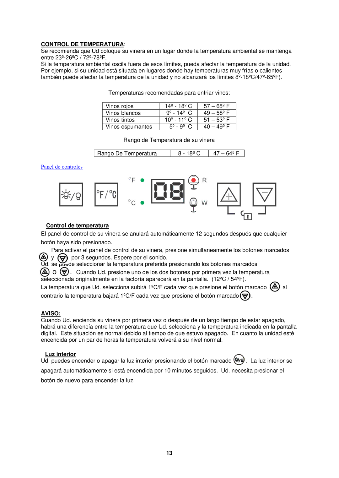 Avanti EWC1201, EWC801 instruction manual Control DE Temperatura, Control de temperatura, Aviso, Luz interior 