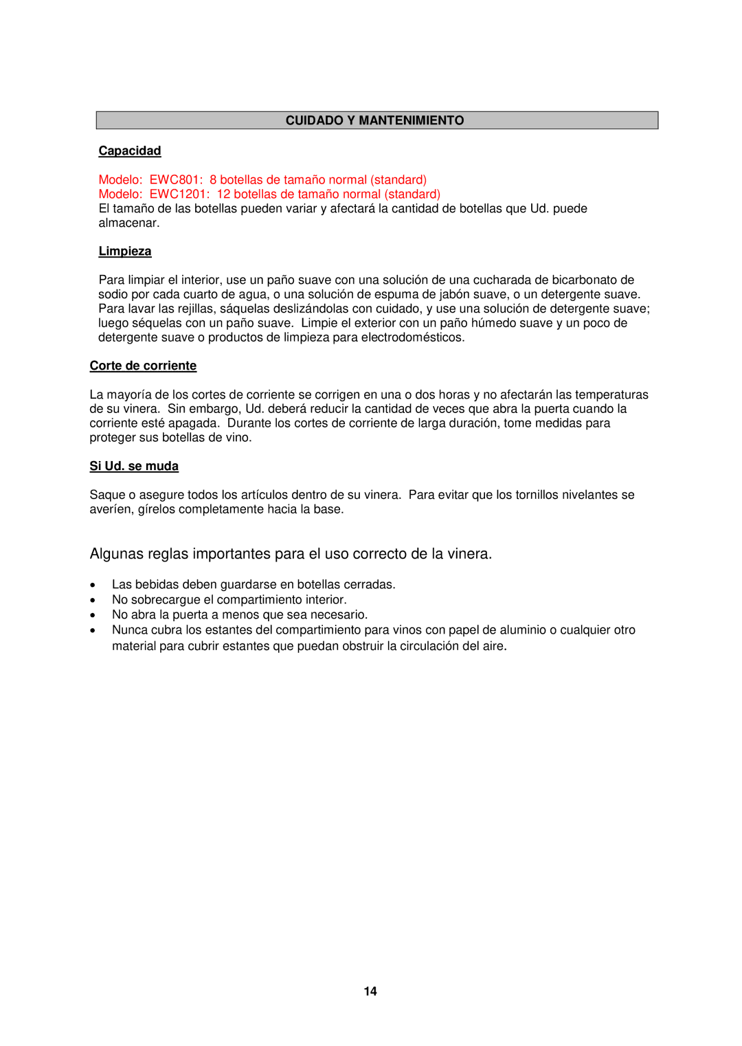 Avanti EWC801, EWC1201 instruction manual Cuidado Y Mantenimiento, Capacidad, Limpieza, Corte de corriente, Si Ud. se muda 