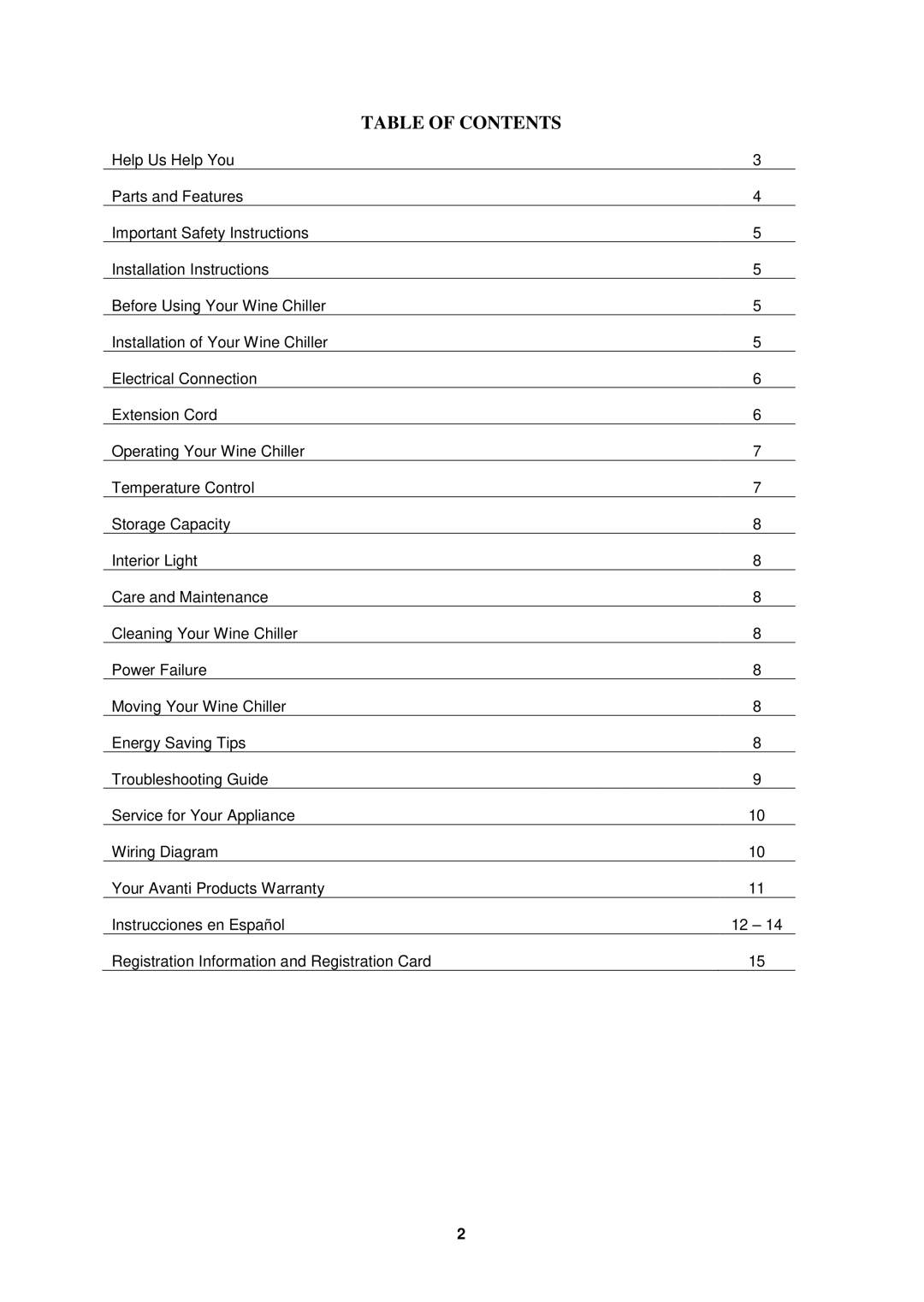 Avanti EWC801, EWC1201 instruction manual Table of Contents 