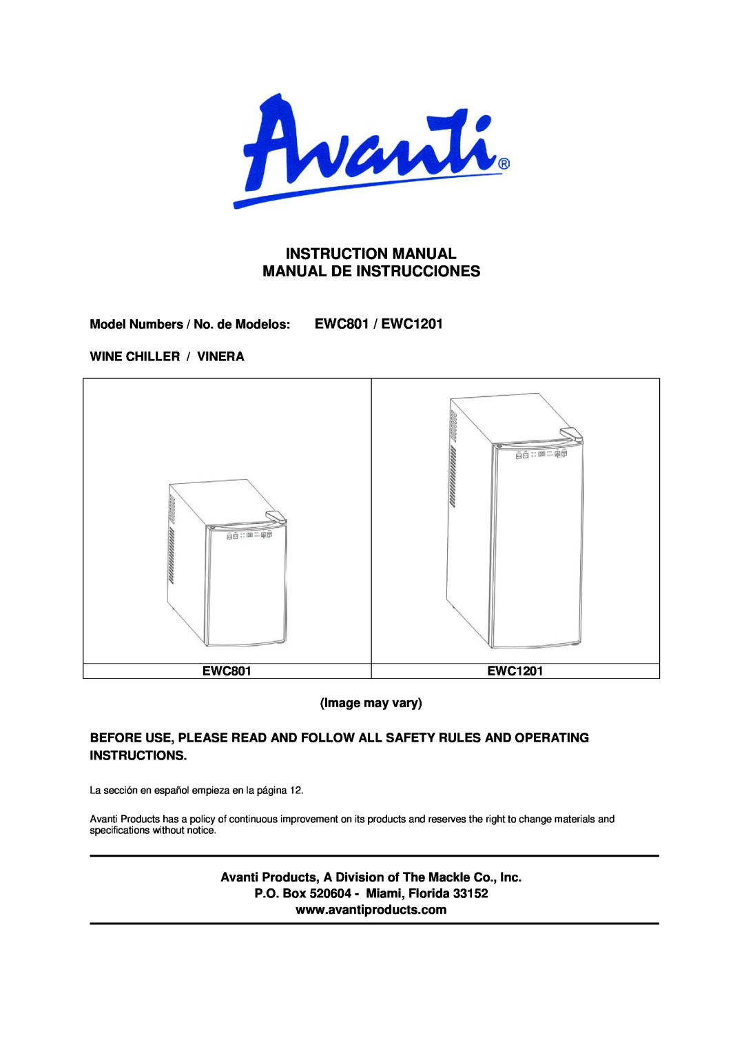 Avanti instruction manual Model Numbers / No. de Modelos EWC801 / EWC1201, Wine Chiller / Vinera, Image may vary 