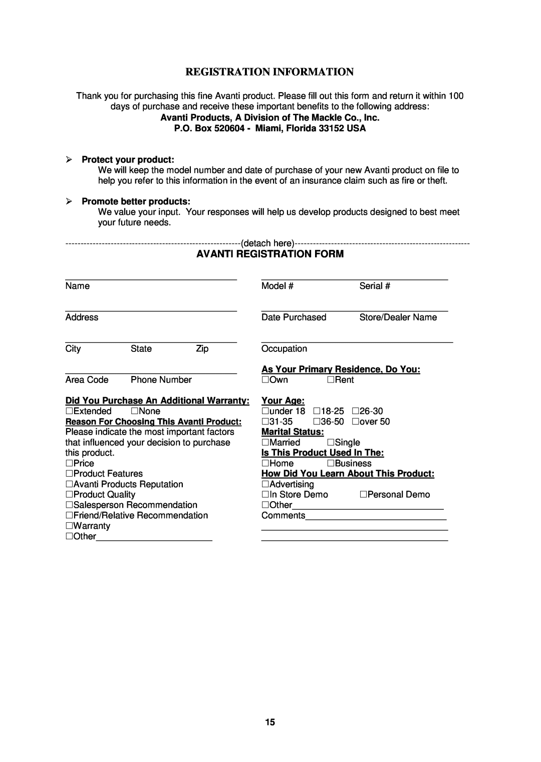 Avanti EWC1201 Registration Information, Avanti Registration Form, P.O. Box 520604 - Miami, Florida 33152 USA, Your Age 
