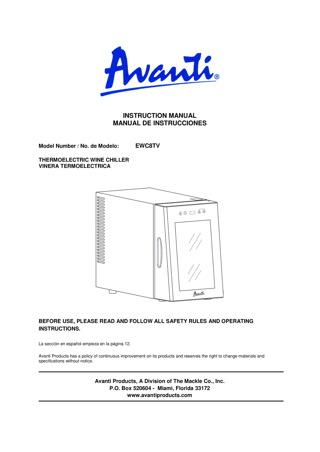 Avanti EWC8TV manual Manual DE Instrucciones, Model Number / No. de Modelo 