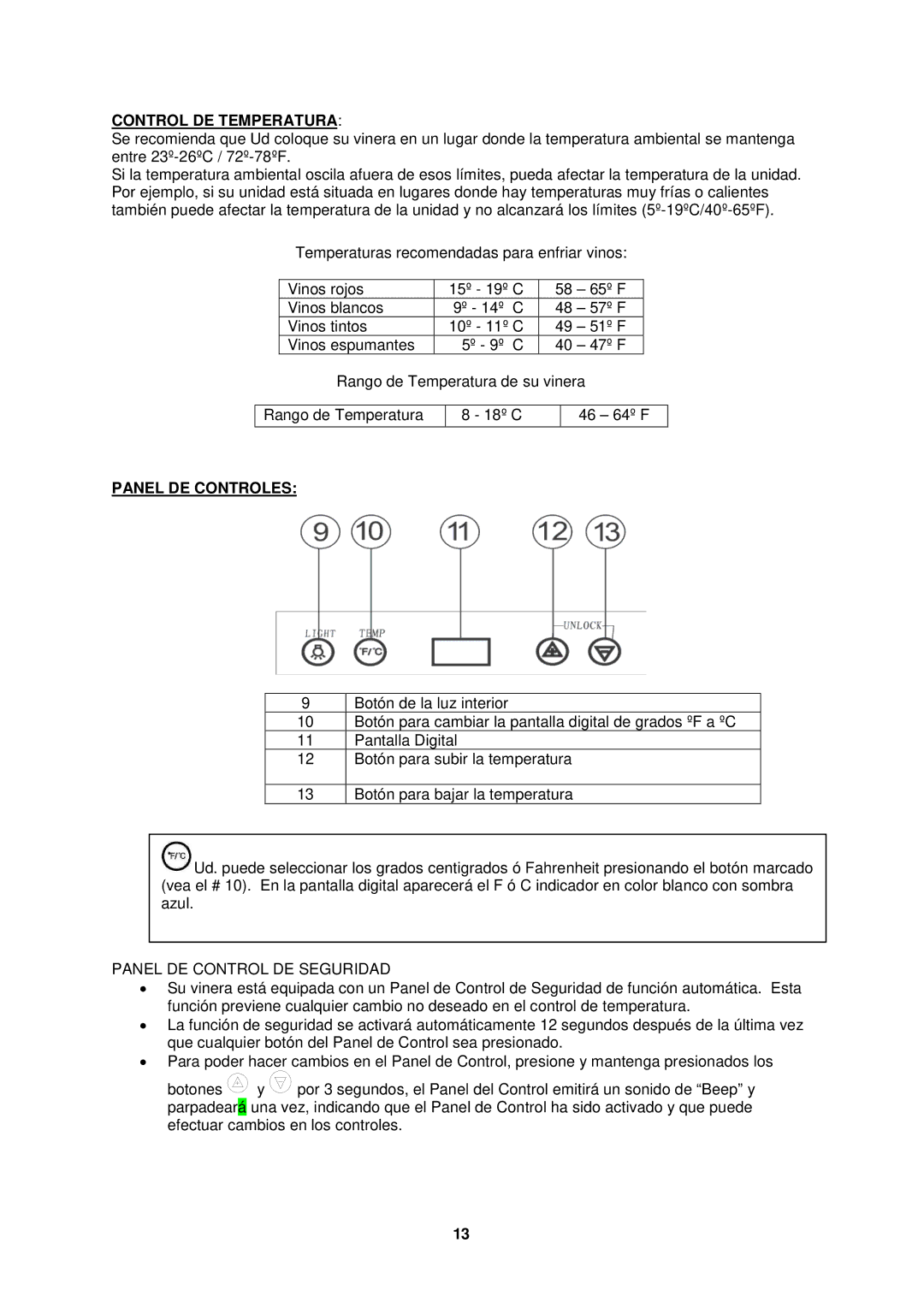 Avanti EWC8TV manual Control DE Temperatura, Panel DE Controles 