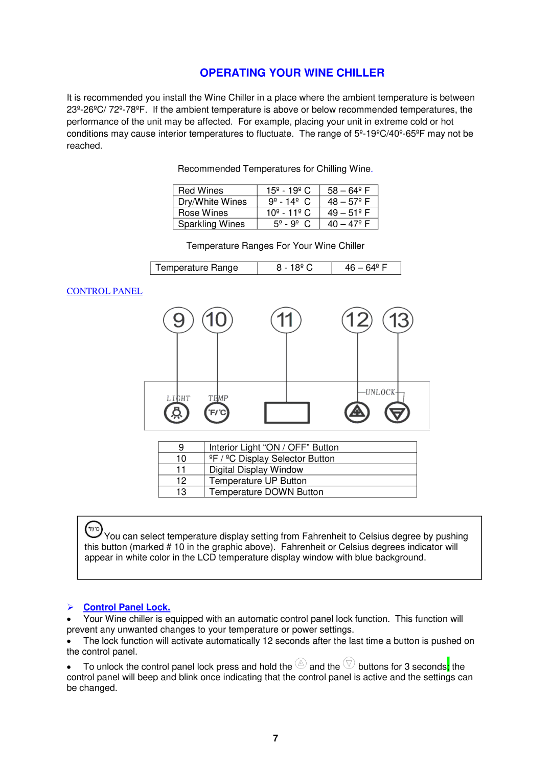 Avanti EWC8TV manual Operating Your Wine Chiller,  Control Panel Lock 