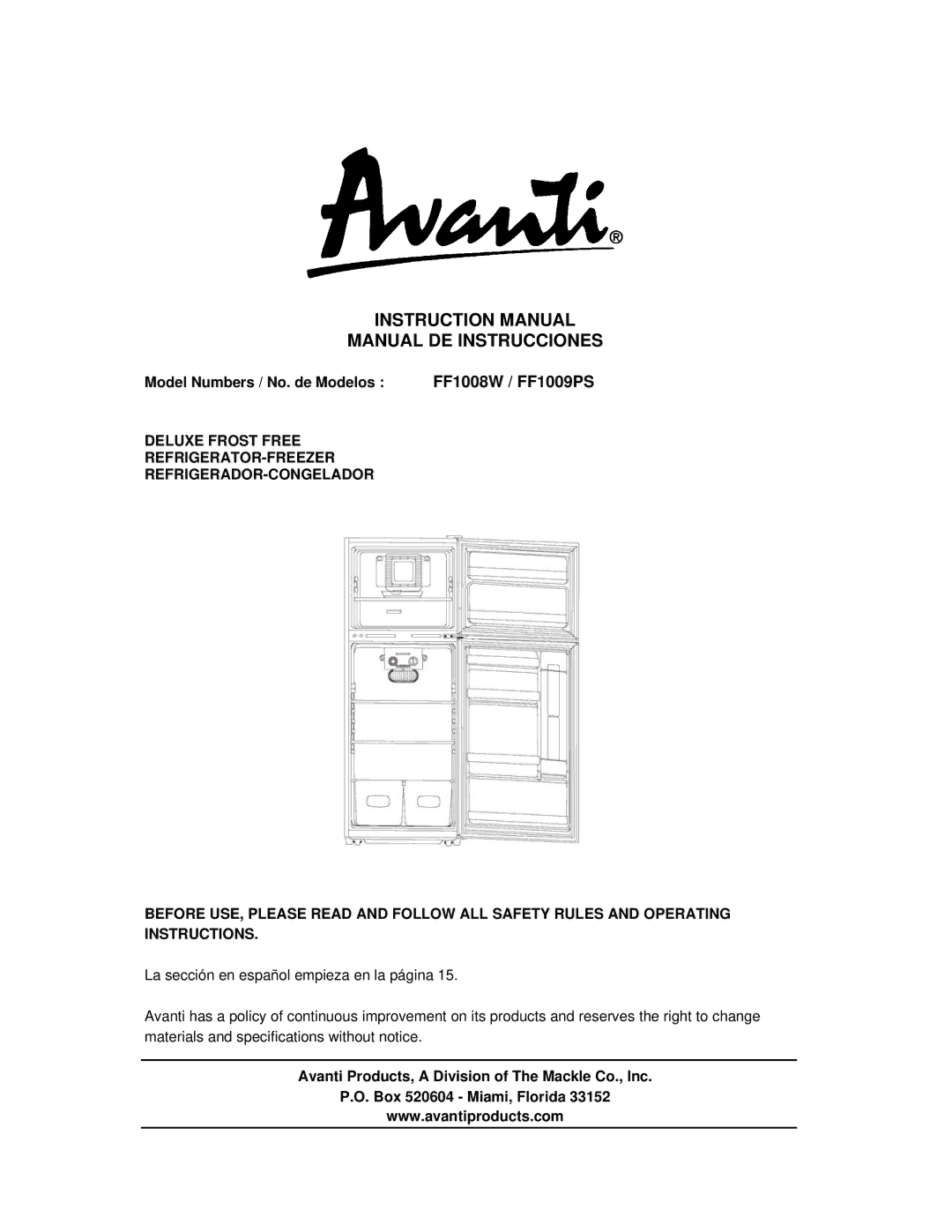 Avanti instruction manual Manual DE Instrucciones, Model Numbers / No. de Modelos FF1008W / FF1009PS 