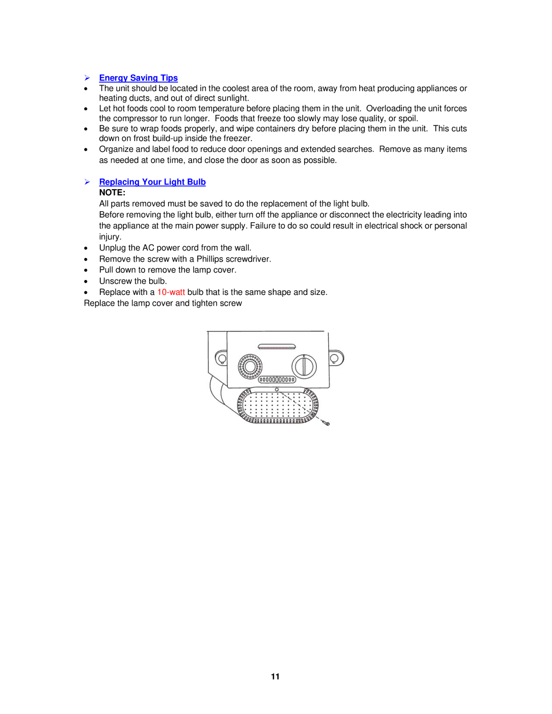 Avanti FF1009PS, FF1008W instruction manual  Energy Saving Tips,  Replacing Your Light Bulb Note 