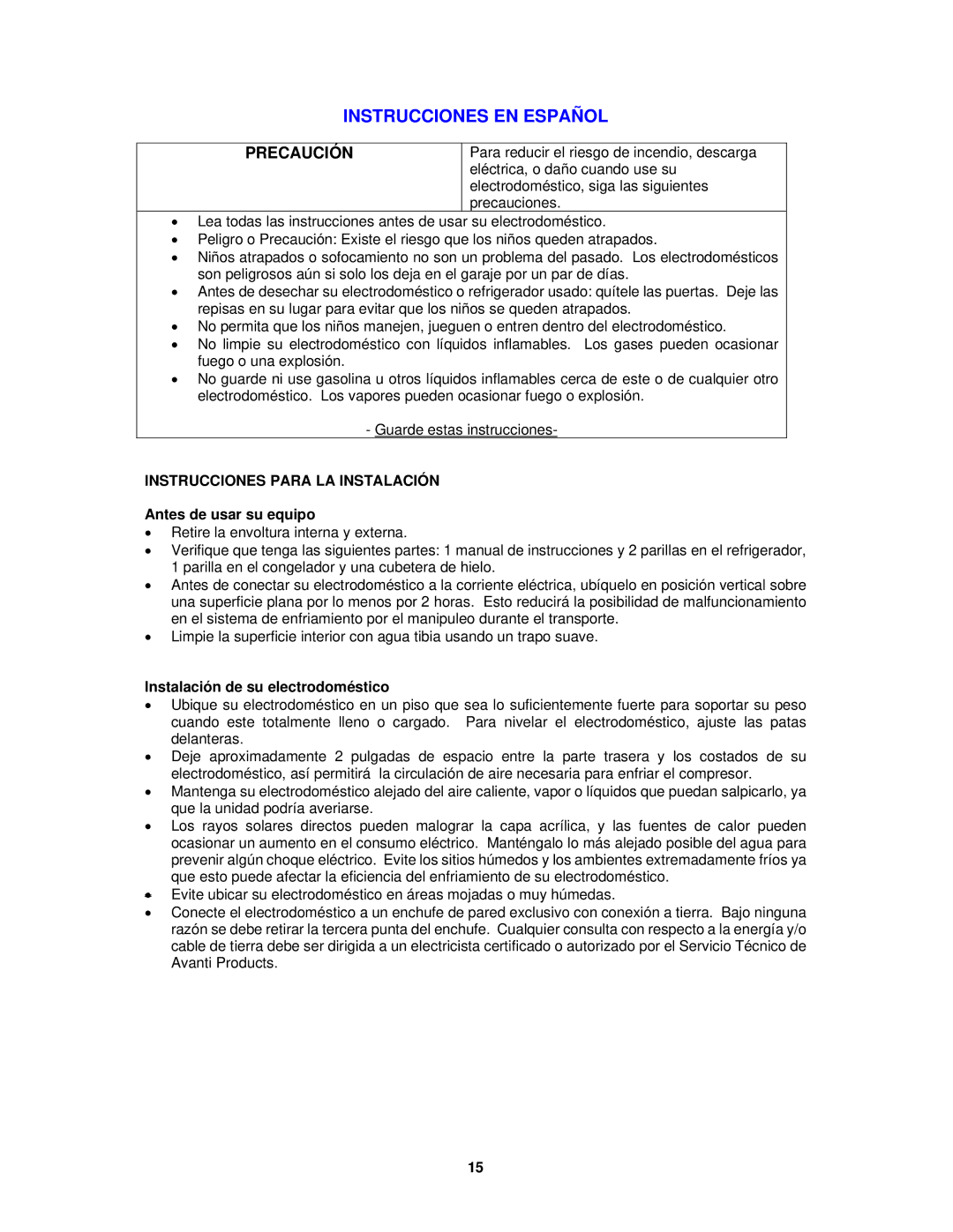 Avanti FF1009PS, FF1008W Instrucciones EN Español, Instrucciones Para LA Instalación, Antes de usar su equipo 