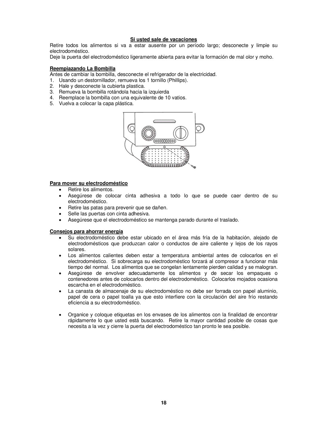 Avanti FF1008W, FF1009PS Si usted sale de vacaciones, Reempiazando La Bombilla, Para mover su electrodoméstico 