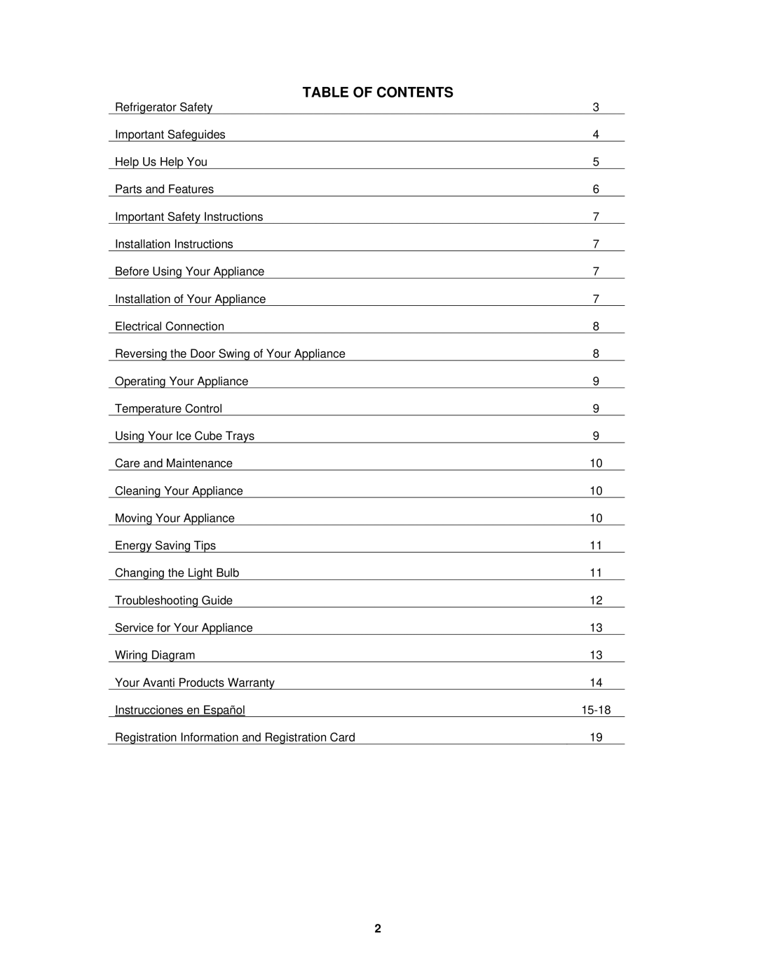 Avanti FF1008W, FF1009PS instruction manual Table of Contents 