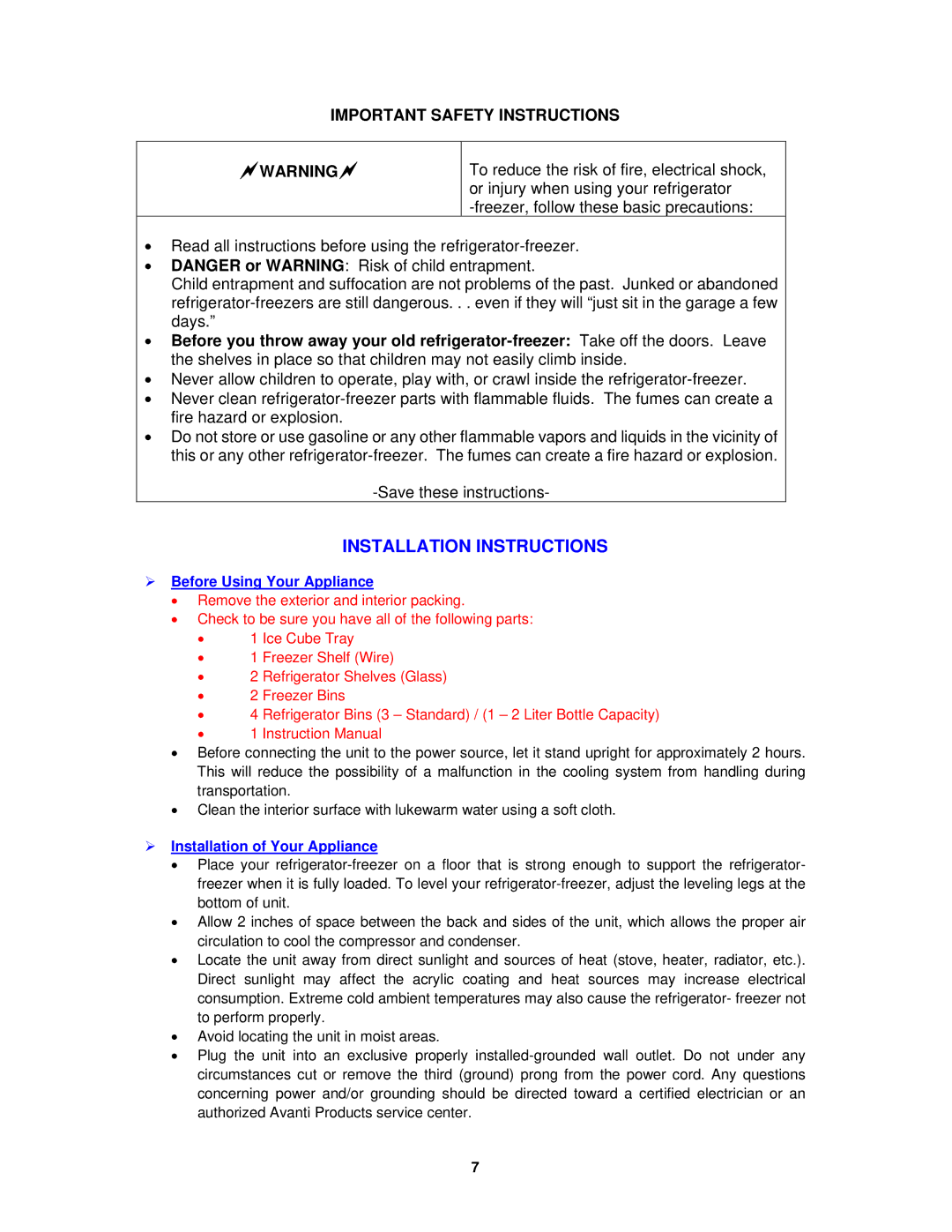 Avanti FF1009PS, FF1008W Installation Instructions,  Before Using Your Appliance,  Installation of Your Appliance 