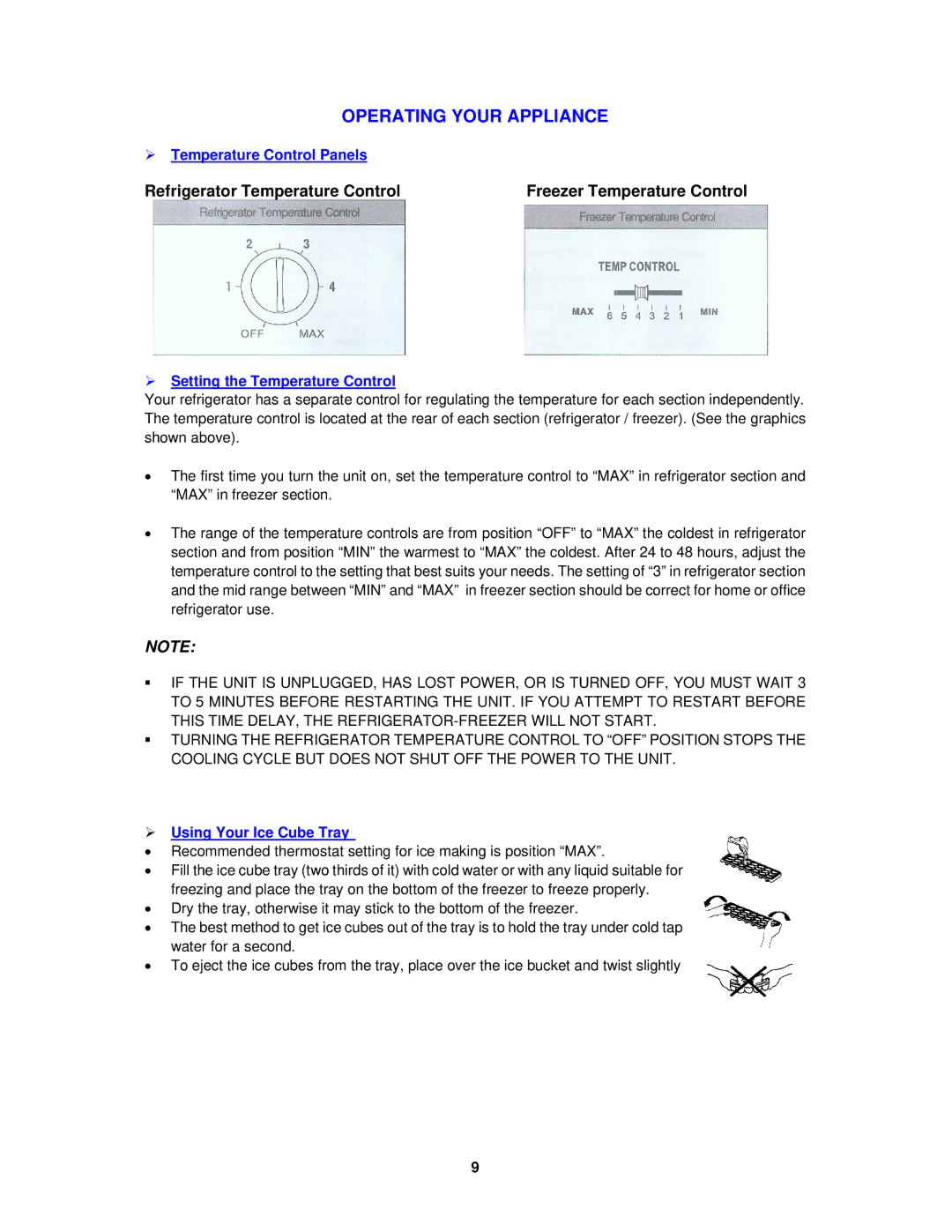 Avanti FF1009PS, FF1008W Operating Your Appliance,  Temperature Control Panels, Freezer Temperature Control 