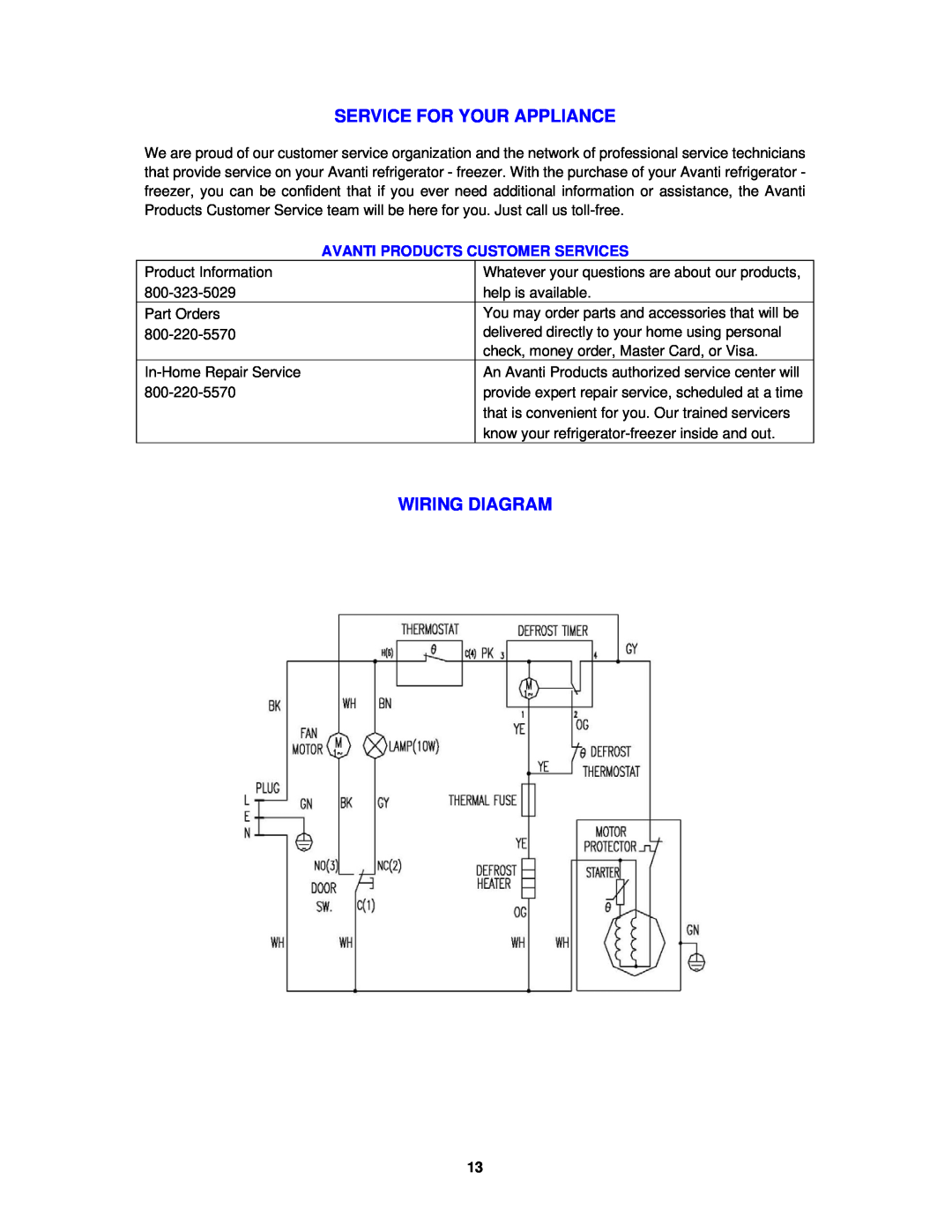 Avanti FF1009PS, FF1008W instruction manual Service For Your Appliance, Wiring Diagram, Avanti Products Customer Services 