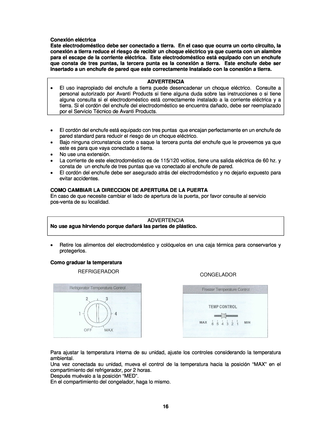 Avanti FF1008W, FF1009PS instruction manual Conexión eléctrica, Advertencia, Como graduar la temperatura 
